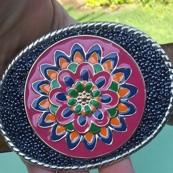 Boho hippie  leather belt with snap in colorful metal buckle size SM 32 inches main image 11